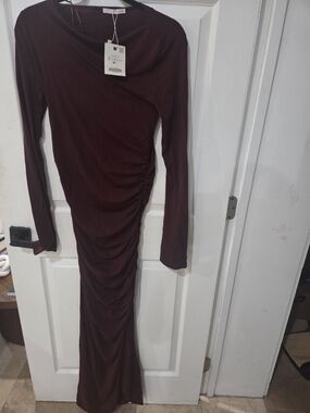 Zara Long Sleeve Ruched Maxi Dress - Burgundy NWT